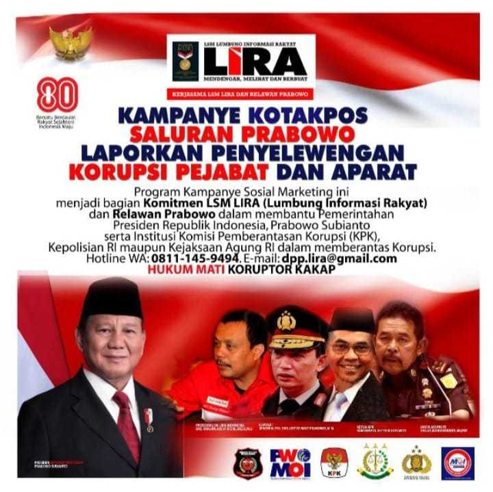 LSM LIRA Buat Sayembara Anti Korupsi Berhadiah Total RP.1 milyar Bantu Prabowo-Gibran IMG-20260622-WA0000.jpg