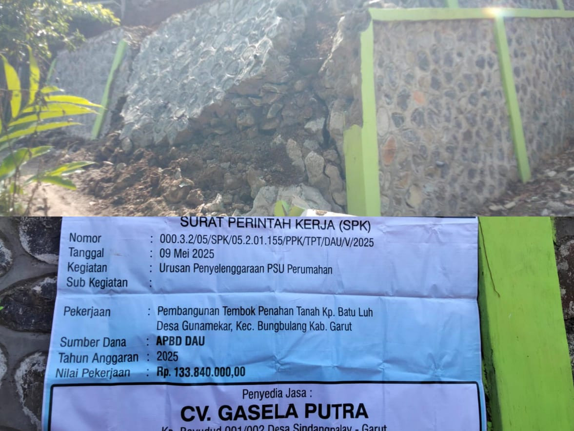 TPT  di Gunamekar Ambruk, Diduga Disubkontrakkan ke Kades dengan Anggaran Jauh Lebih Rendah